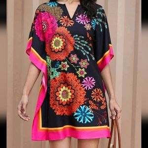 Boho Mandala Floral Print Notch Neck Dolman Sleeve Tunic Dress black Hot Pink